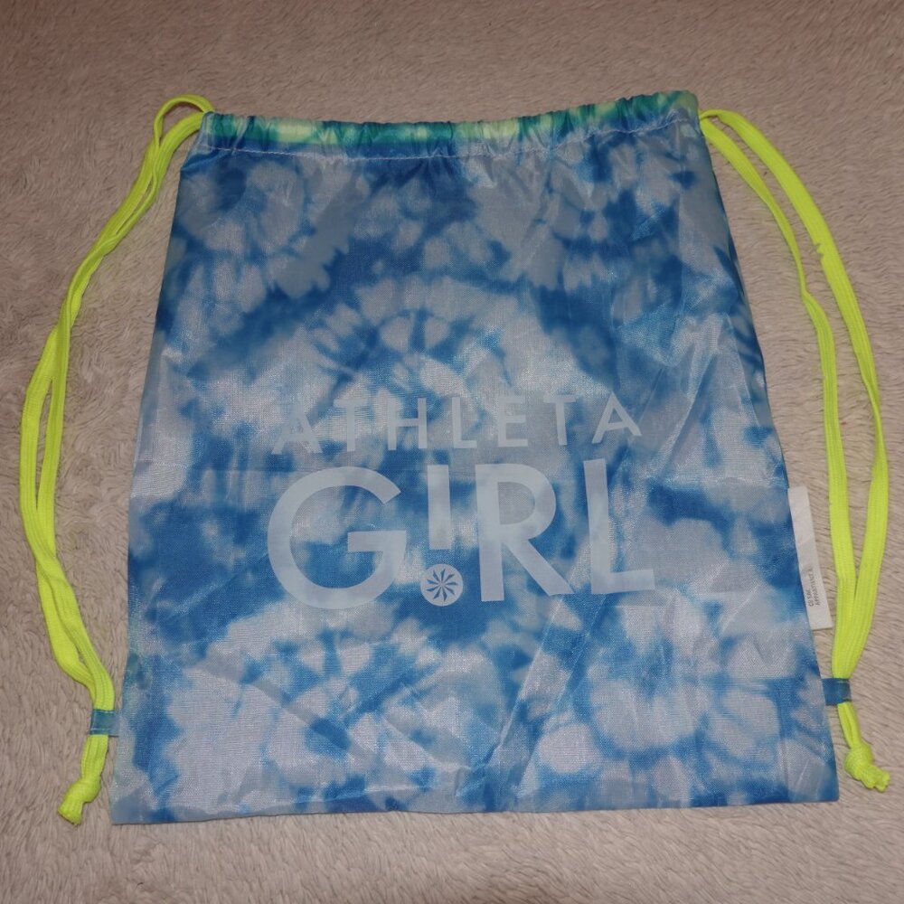 Athleta Girl Drawstring Backpack, 13.5" x 15.5", Blue Tie Dye Neon Yellow Straps